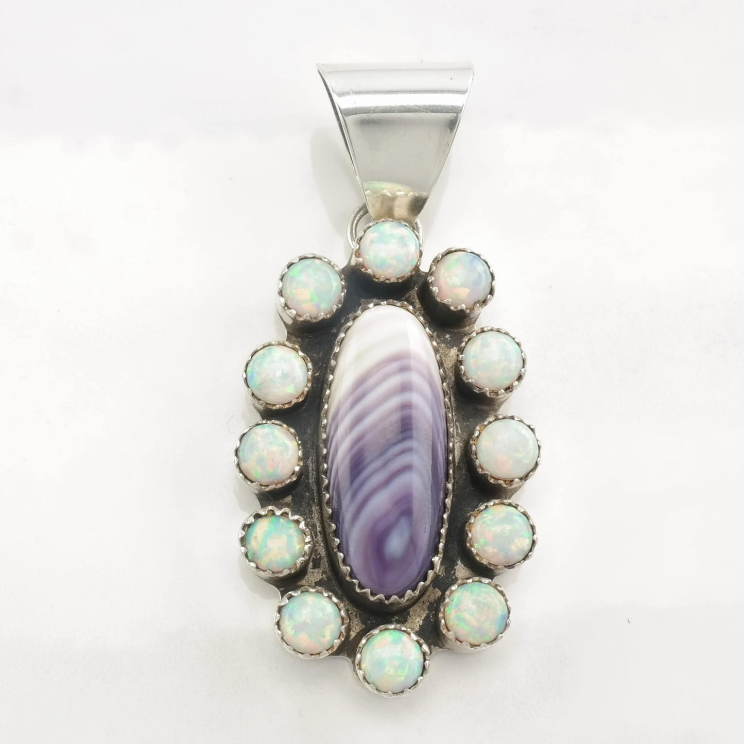 Navajo Quahog Shell, Lab Opal Sterling Silver Pendant