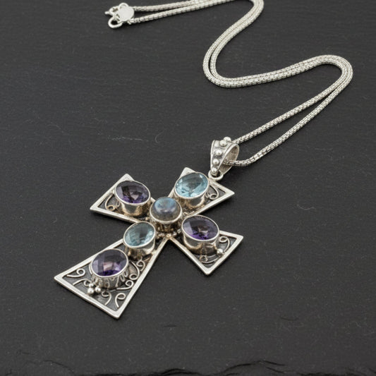 Vintage Nicky Butler Gemstone Sterling Silver Cross Necklace N2410