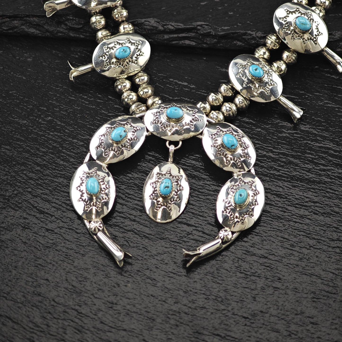 Sw Sterling Blue Turquoise Conchos Squash Blossom Necklace N2594