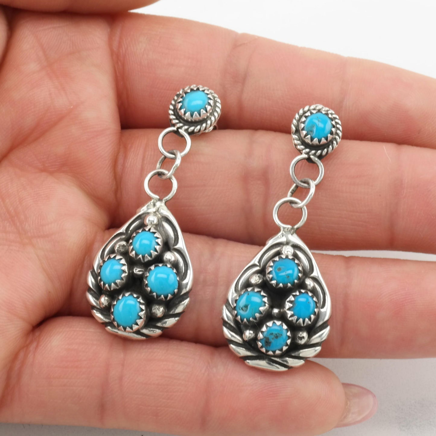 Vintage Native American Turquoise Stud Dangle Earrings Cluster Sterling Silver Blue Raindrop