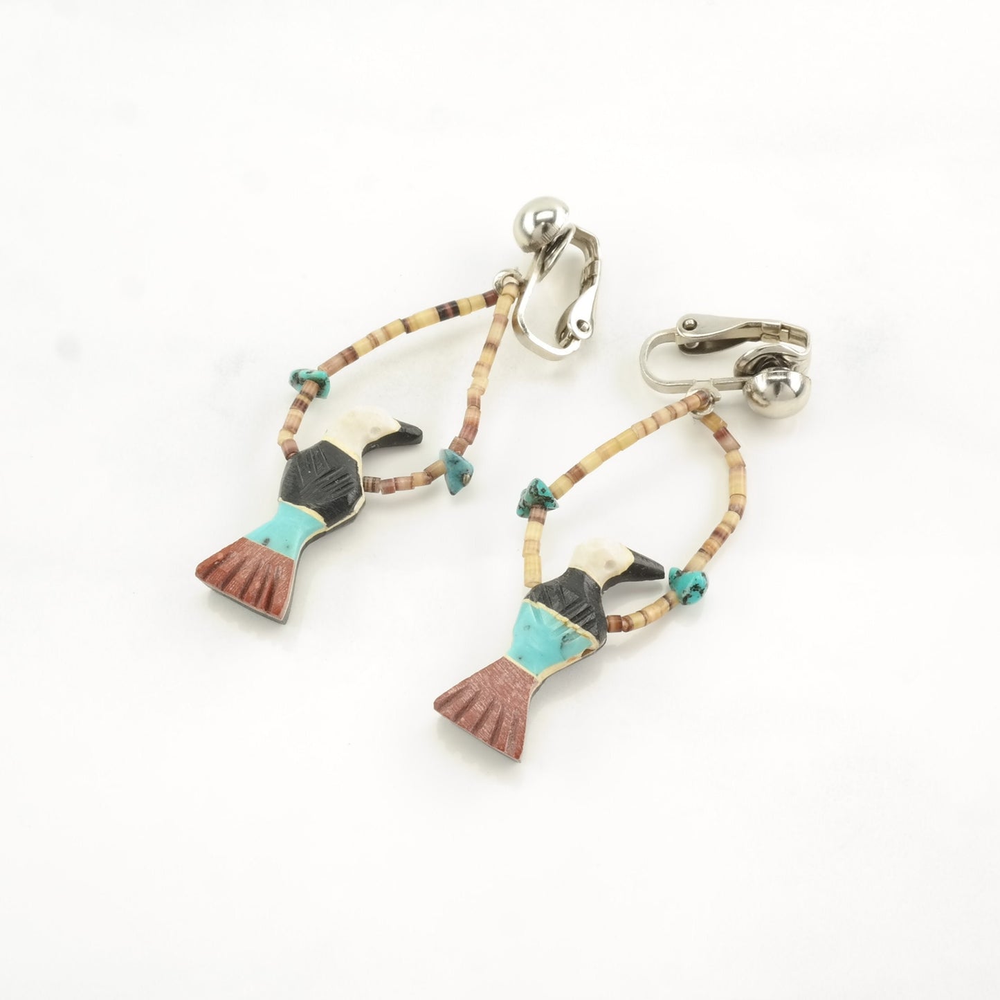 Vintage Native American Turquoise, Jet Bird, Heishi Earrings Clip on, dangle