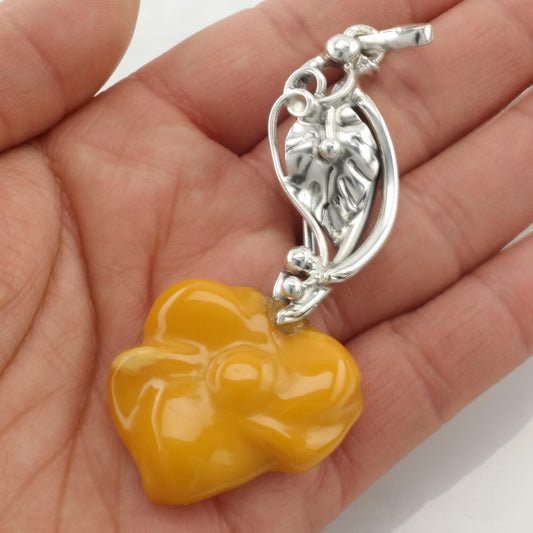 Vintage Butterscotch Amber Flower Pendant European Sterling Silver