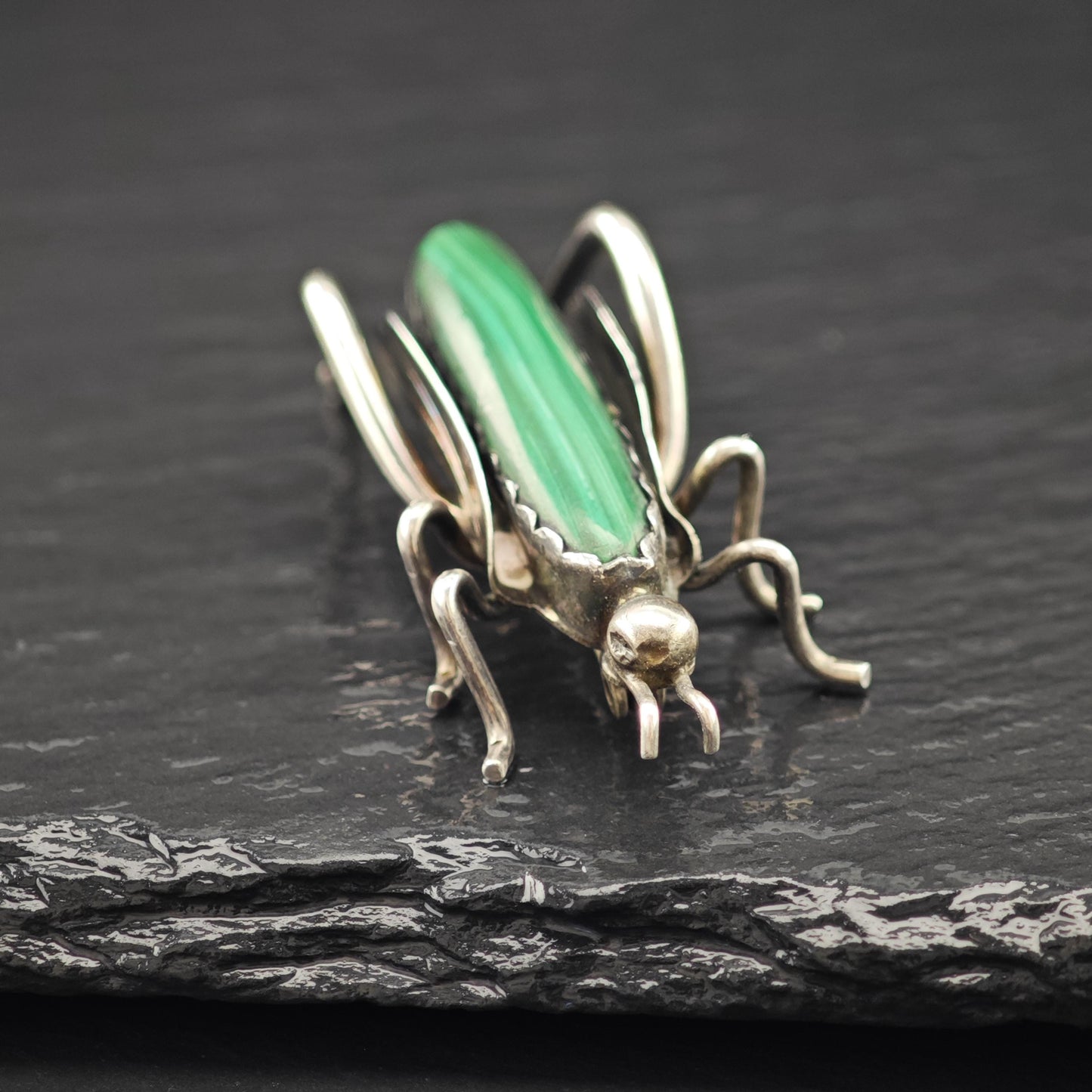 Native American Sterling Silver Brooch Grasshopper Green Malachite