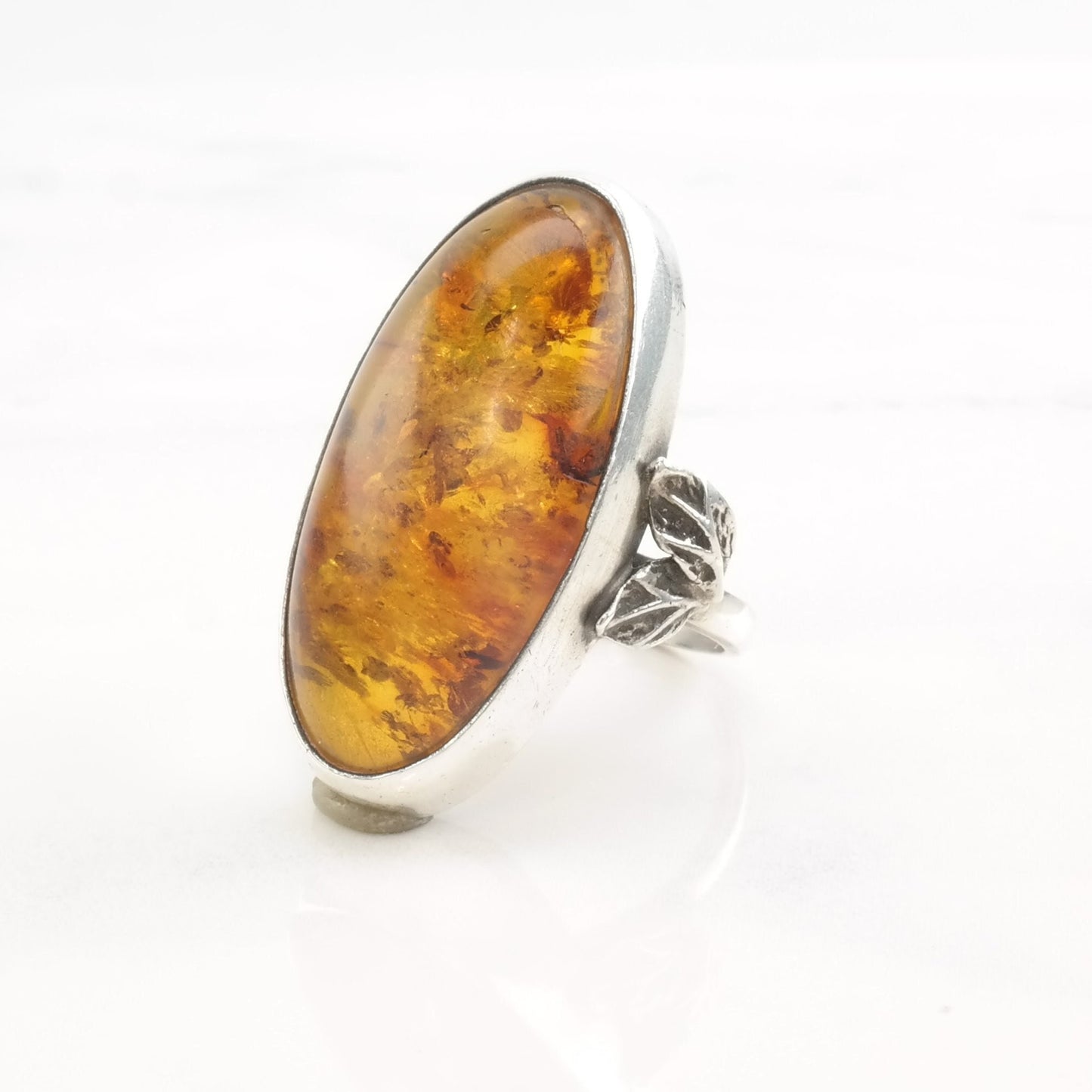 Vintage European Silver Ring Amber Leaf Size 8 1/2