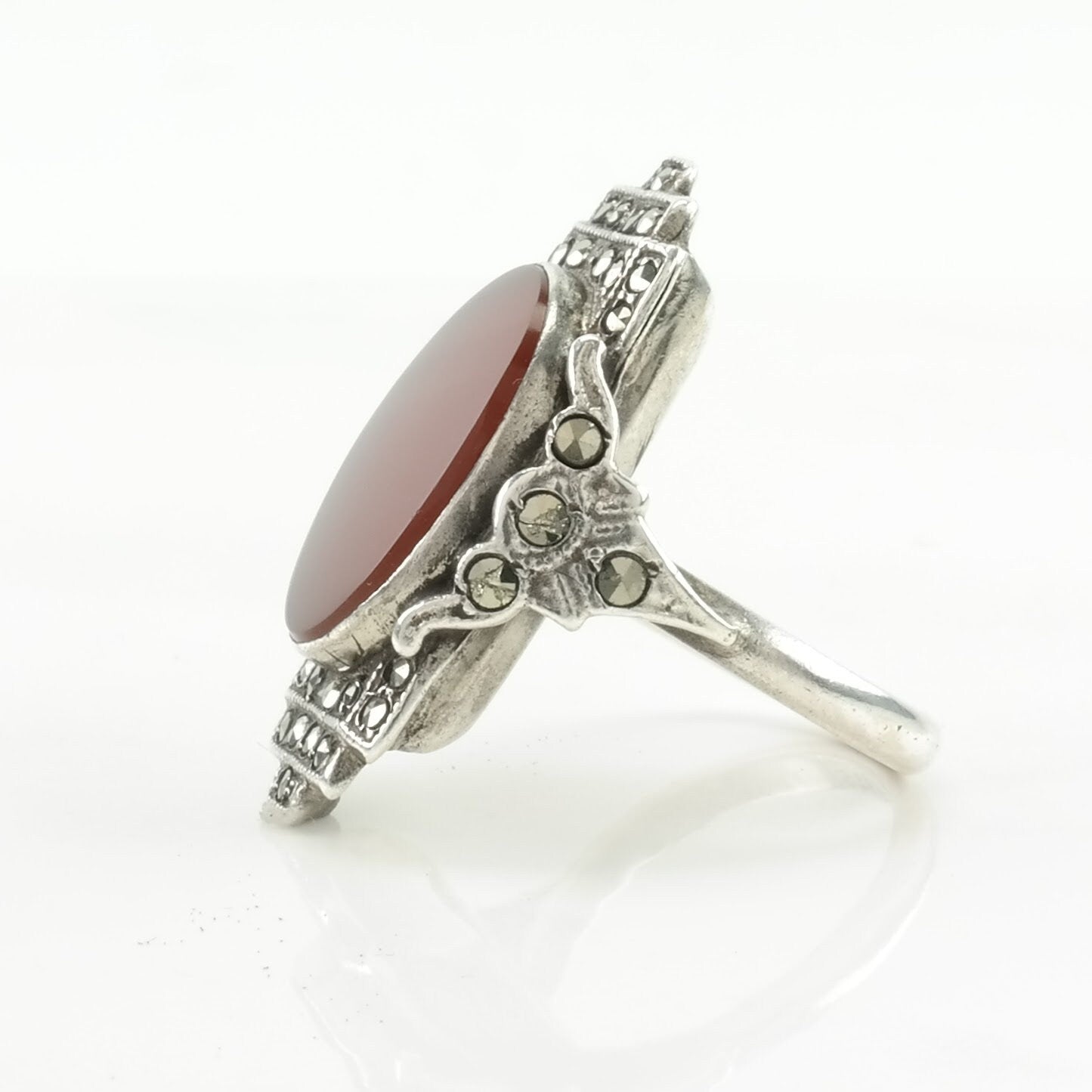 Art Deco Silver Ring Carnelian Marcasite Sterling Red Size 4 1/4