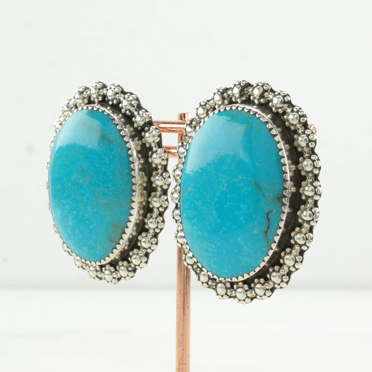 Native American Sterling Silver Large Turquoise Earrings Stud