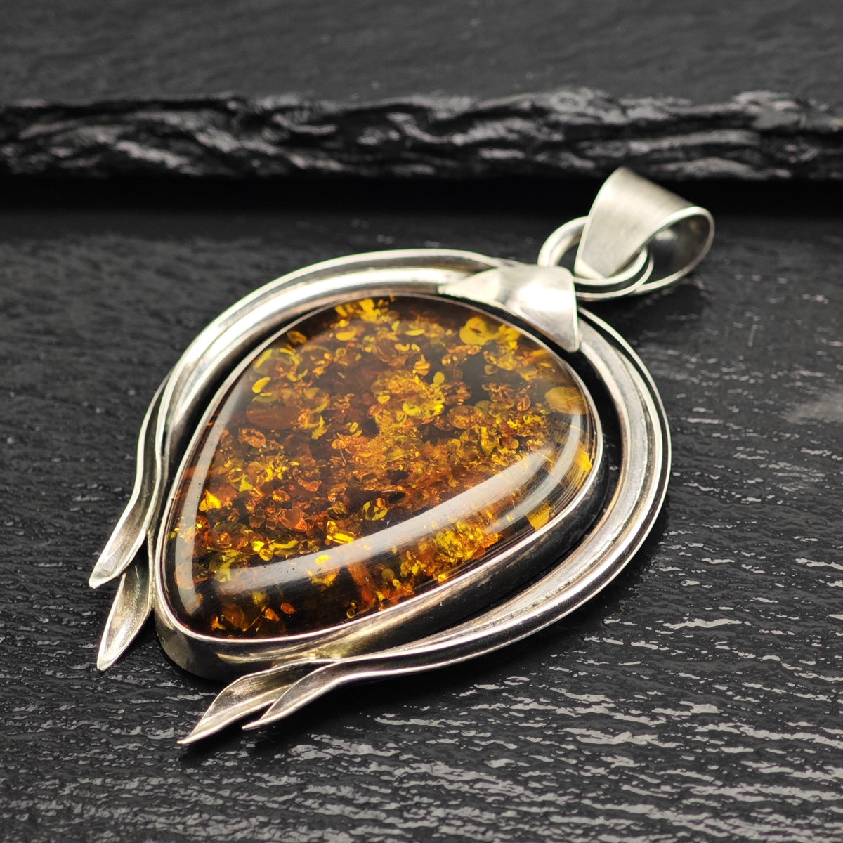 Large Teardrop Amber Sterling Silver Pendant P3125
