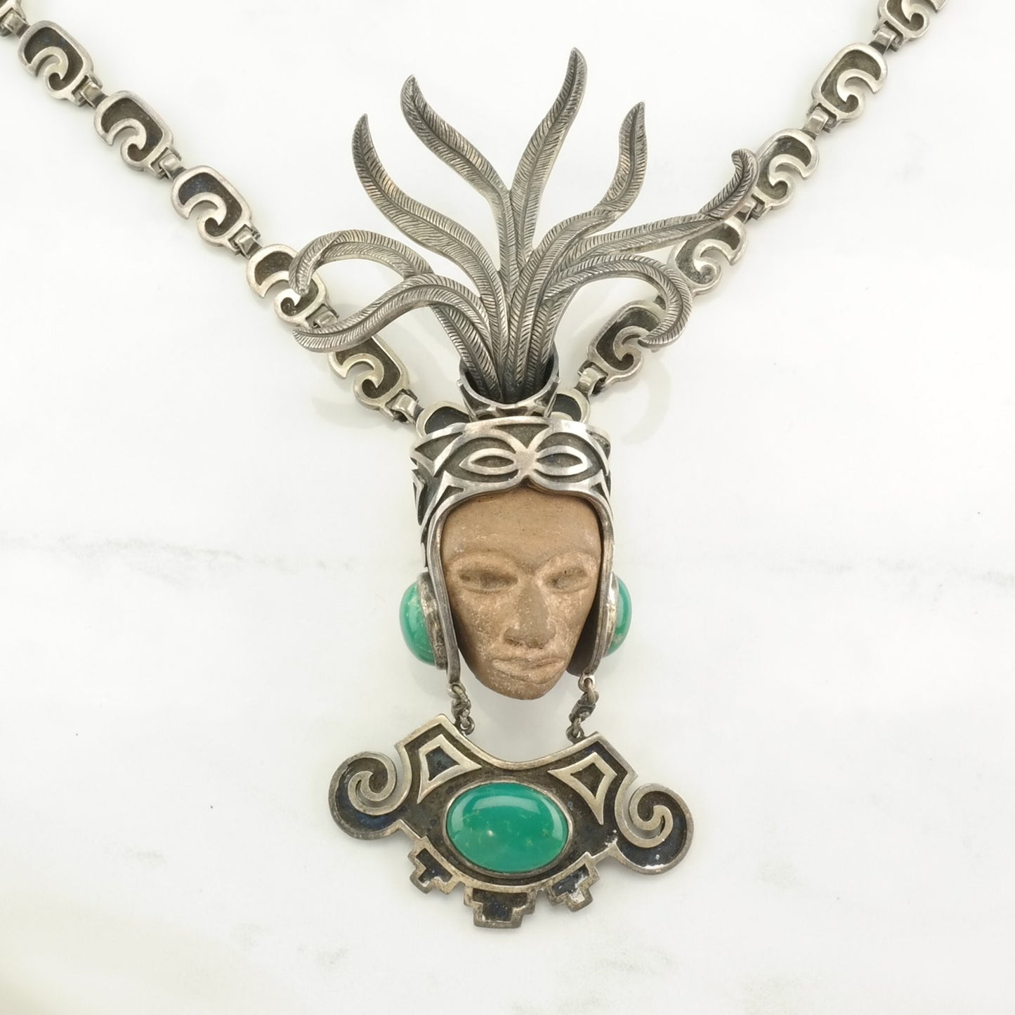 Taxco Sterling Silver Turquoise, Carved Stone Overlay, Warrior Mask Necklace