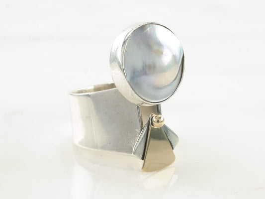 Modernist Silver Ring Pearl Two tone Sterling Size 6 1/2