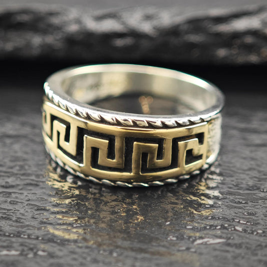 Greek Key 14k Gold Accent Ring Sterling Silver Sz 7 3/4