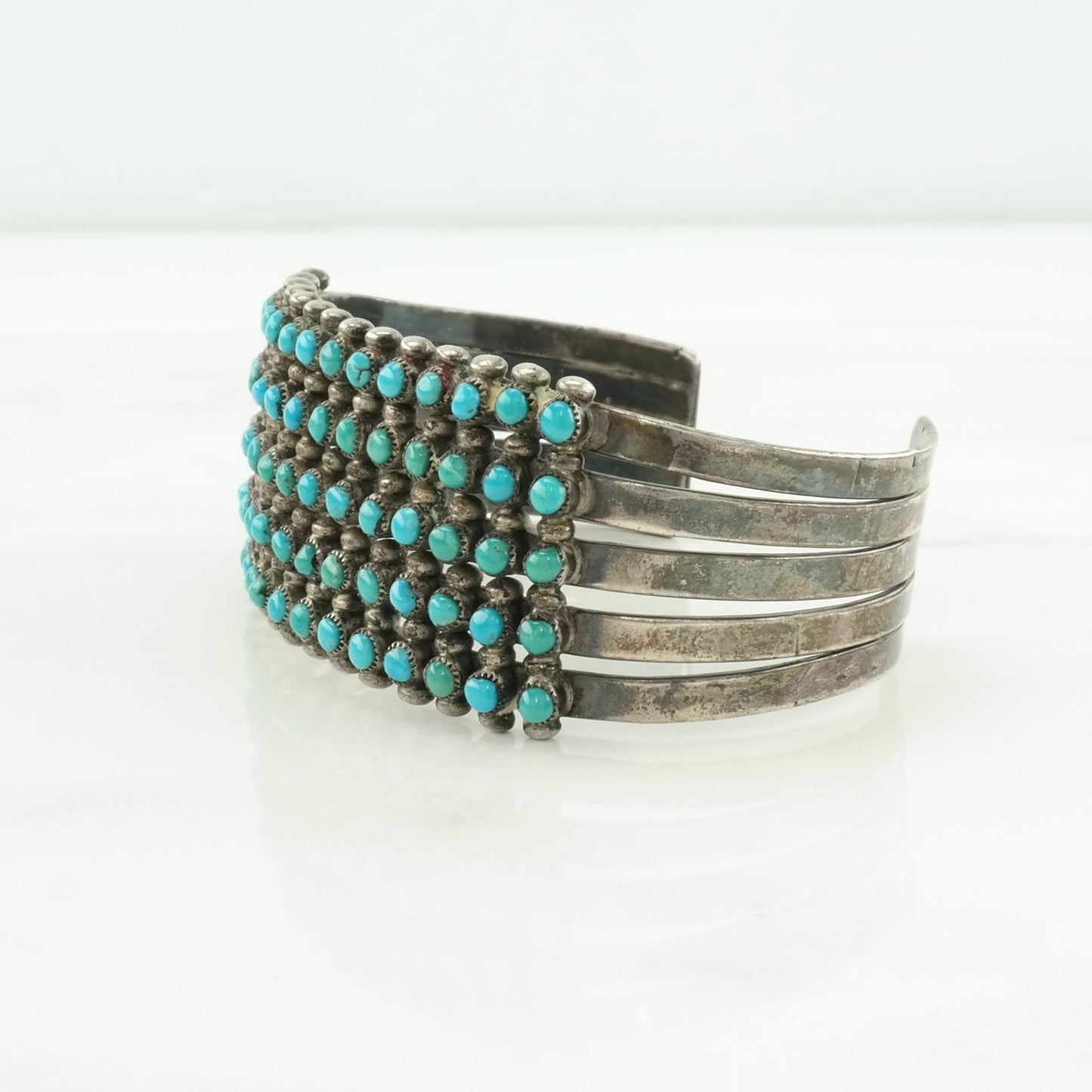 Native American Sterling Silver Cuff Bracelet Blue Turquoise, Cluster 5 Row