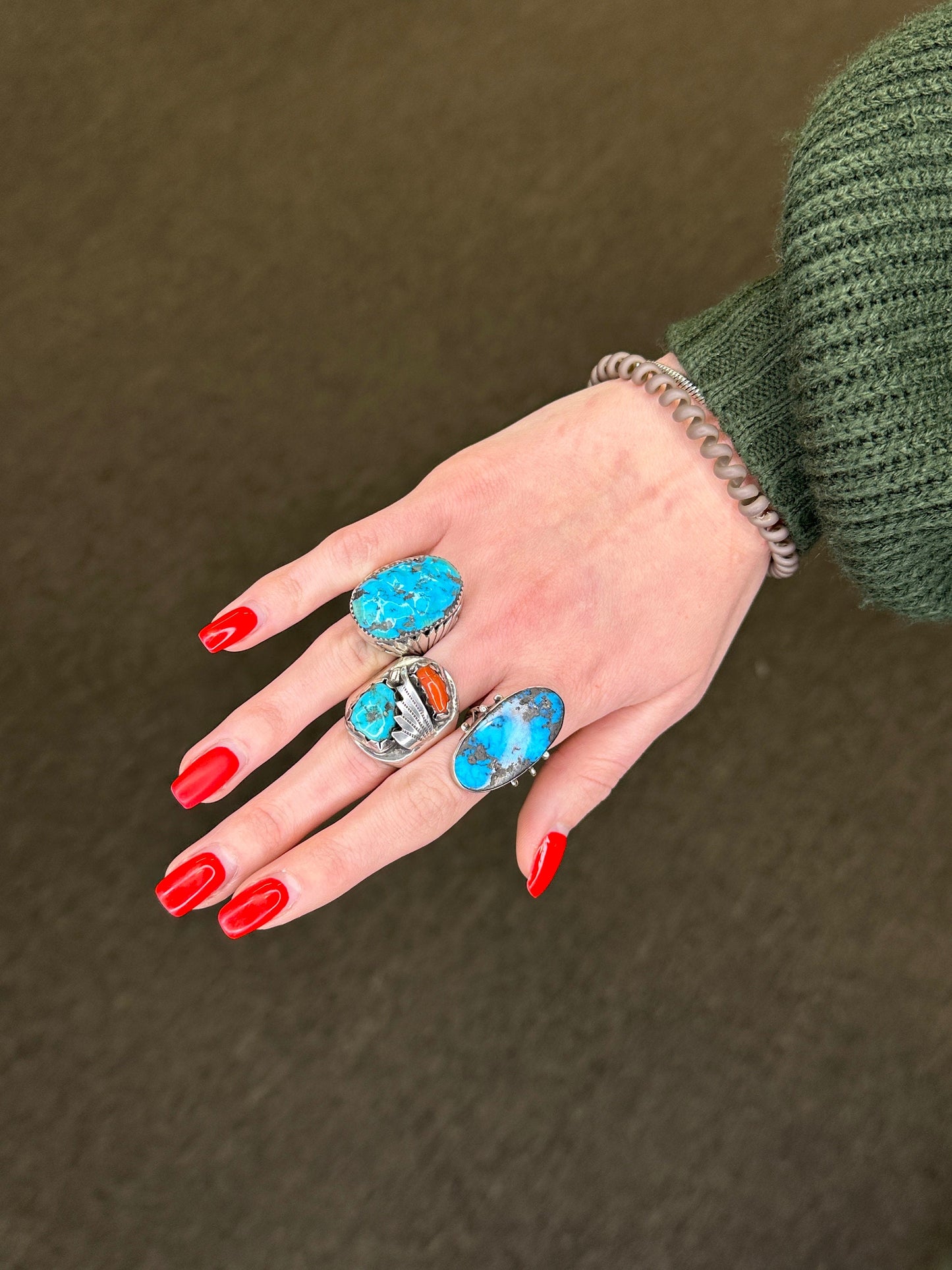 Native American Silver Ring Turquoise Coral Feather Sterling Size 12