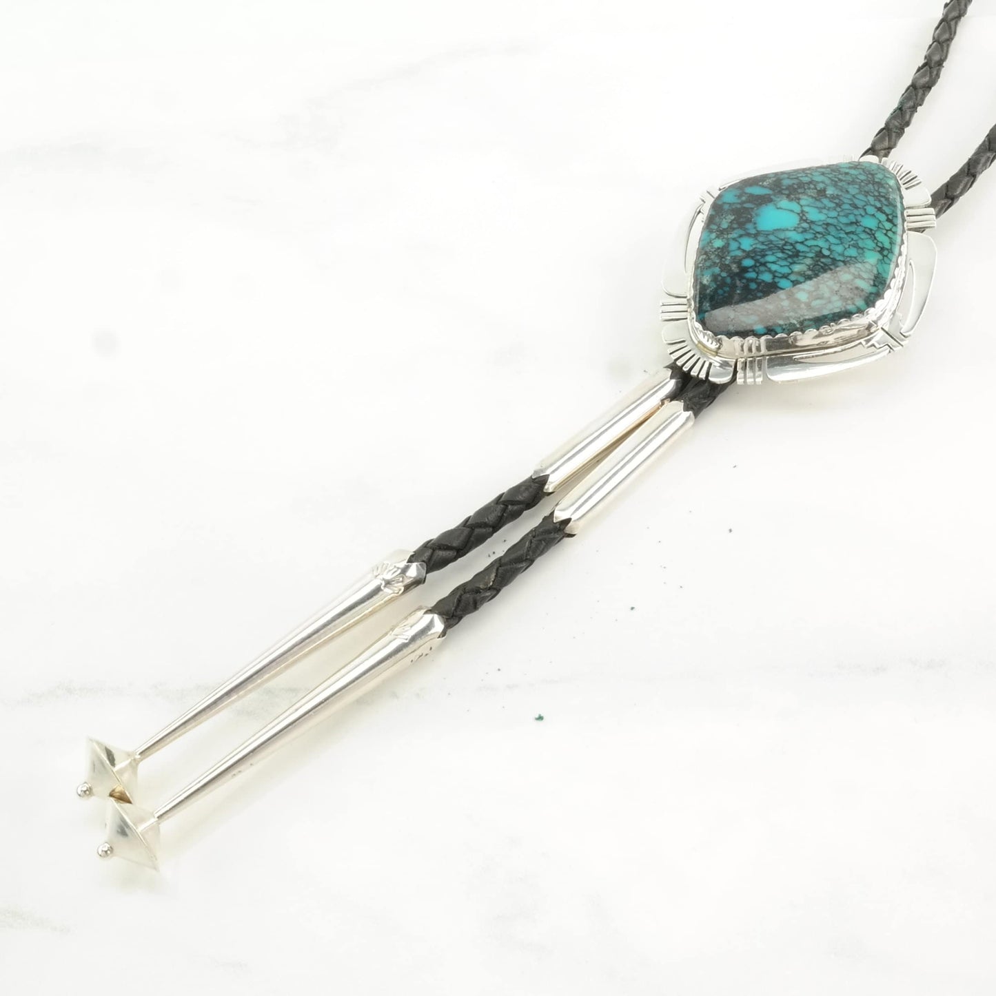 Vintage Native American Sterling Silver Blue Spidewerb, Turquoise Bolo Tie