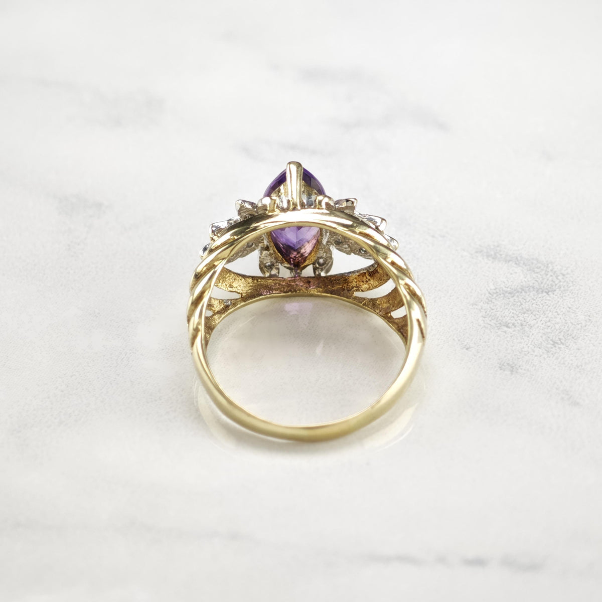 Marquis Amethyst & Diamond 10K Gold Ring Sz 7 1/2 R6771