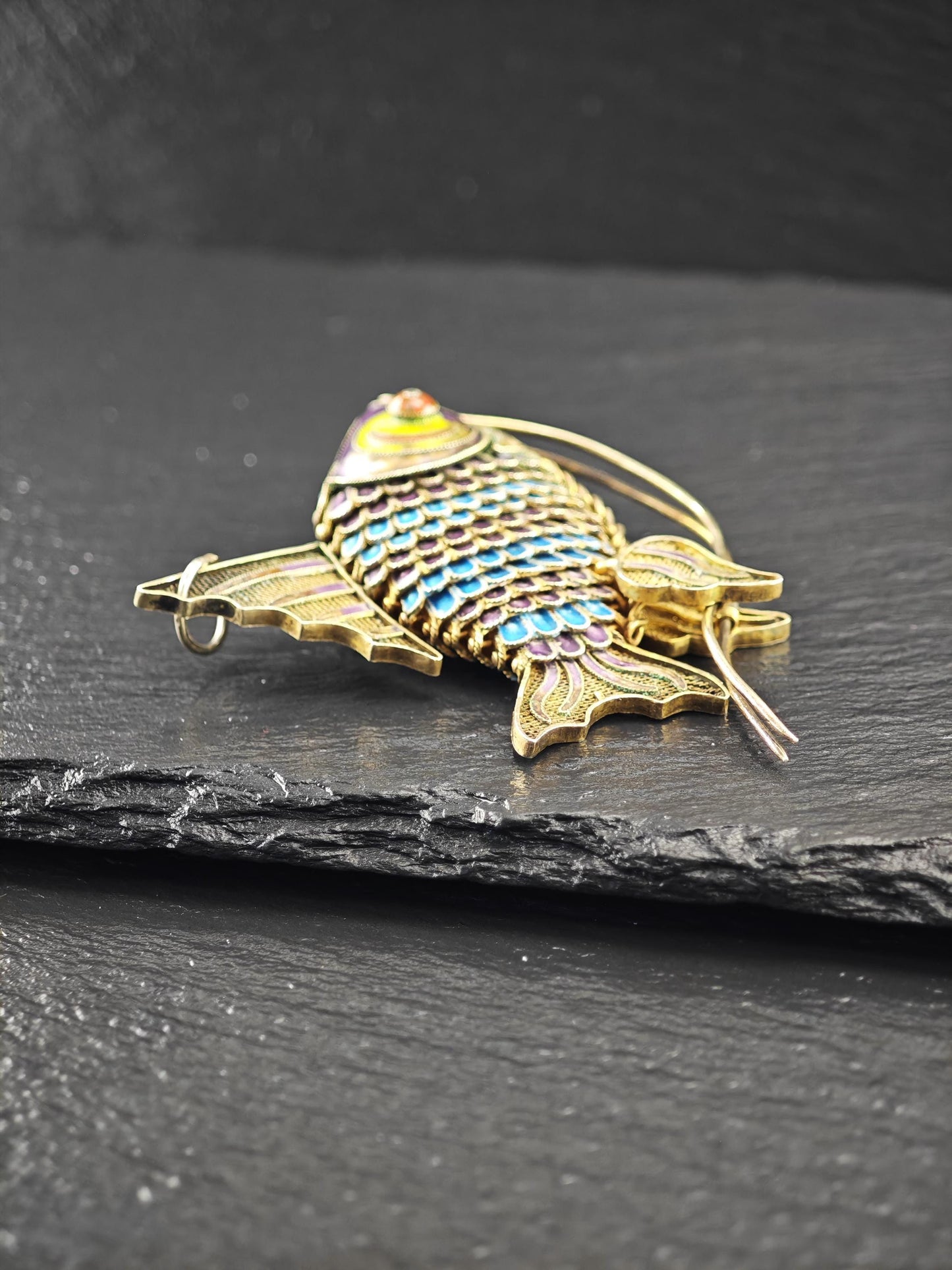 Articulated Enamel Chinese Export Koi Fish, Gold Gilded Sterling Silver P2746