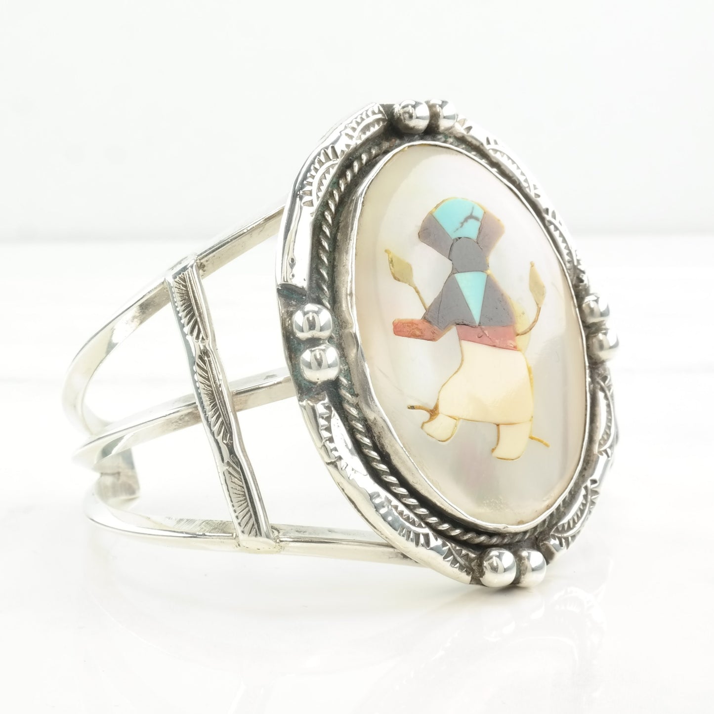 Native American Sterling Silver MOP Coral Turquoise Onyx Inlay Cuff Bracelet