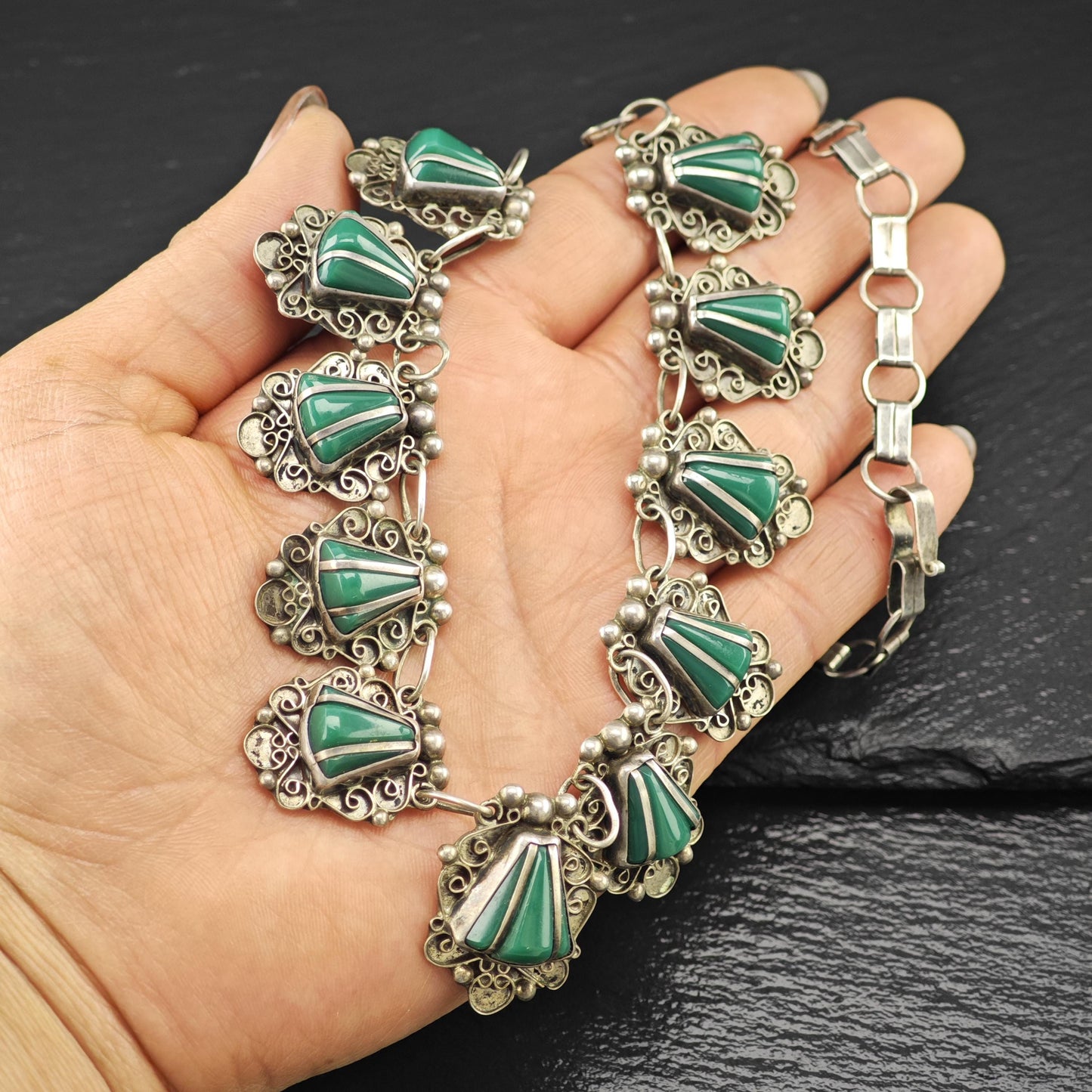Sterling Silver Necklace: Taxco Green Onyx - Estate Jewelry