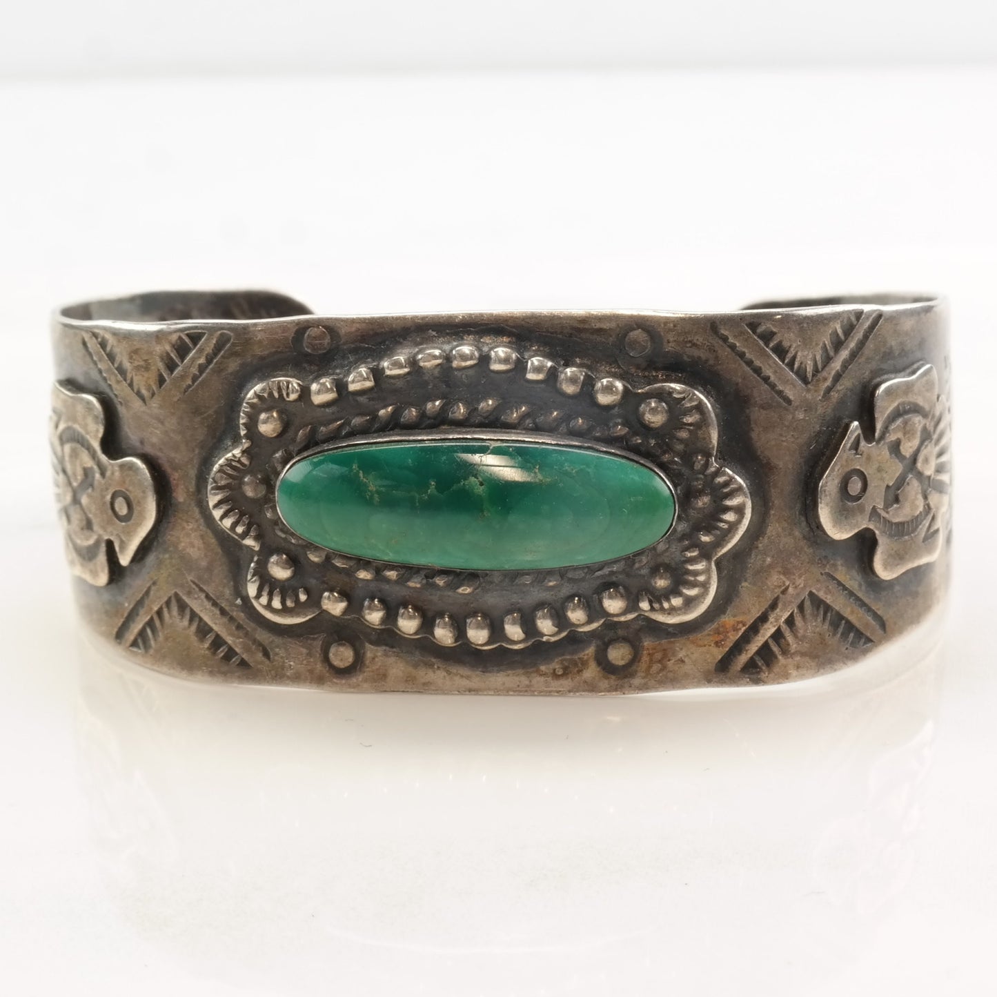 Native American Sterling Silver Cerillos Turquoise Eagle Fred Harvey Era Cuff Bracelet