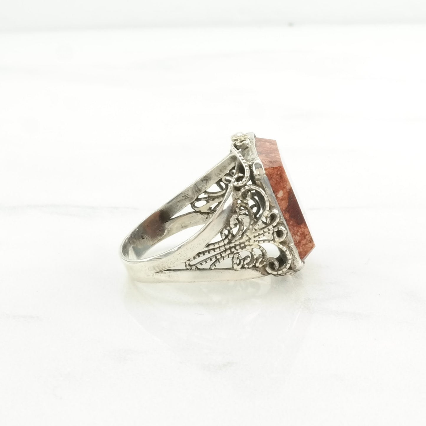 Art Deco Ring Filigree Brown Gemstone Sterling Silver Size 9 1/4