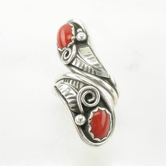 Native American Coral Ring Bypass Sterling Silver