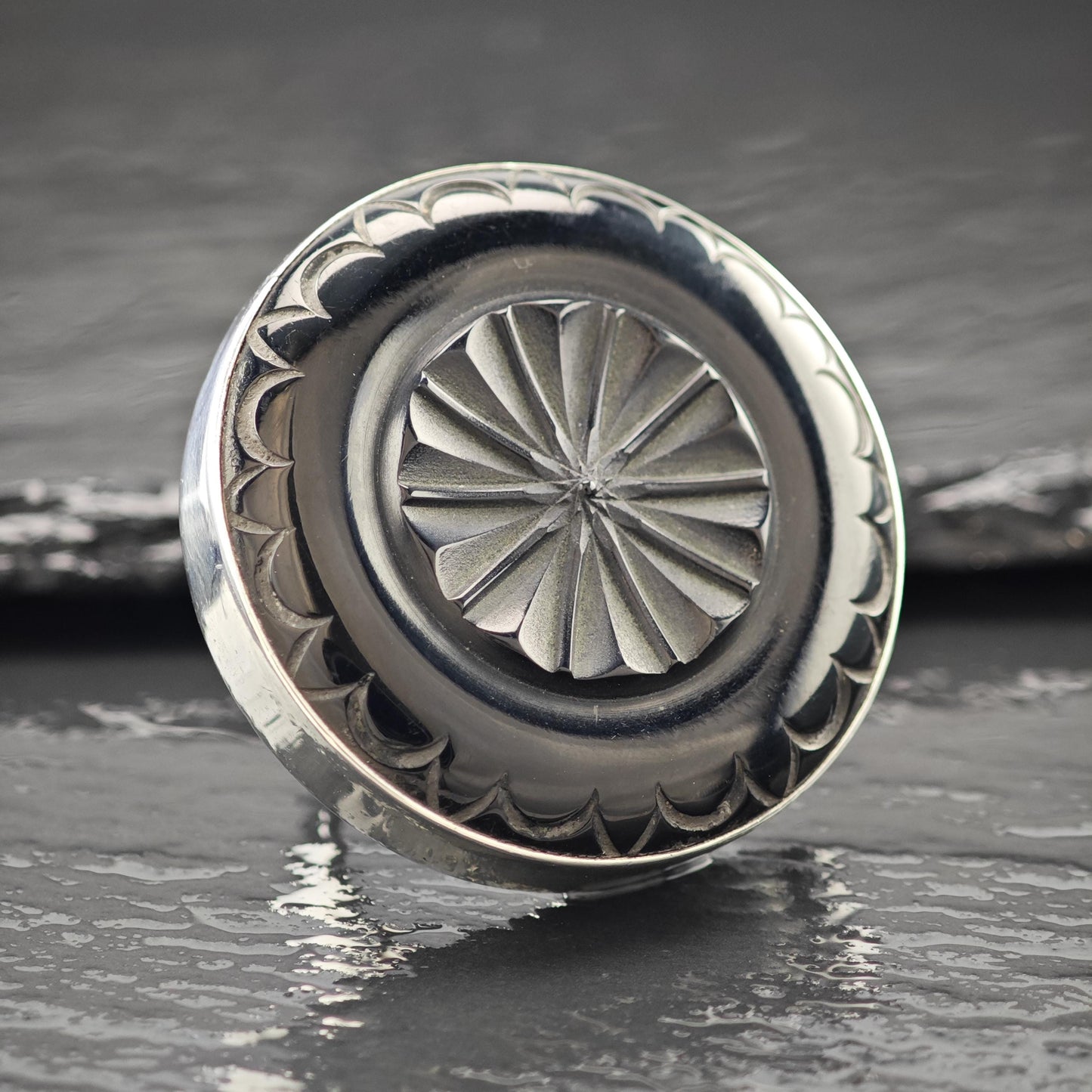 Large Carved Black Gemstone Ring Sterling Silver Size 9