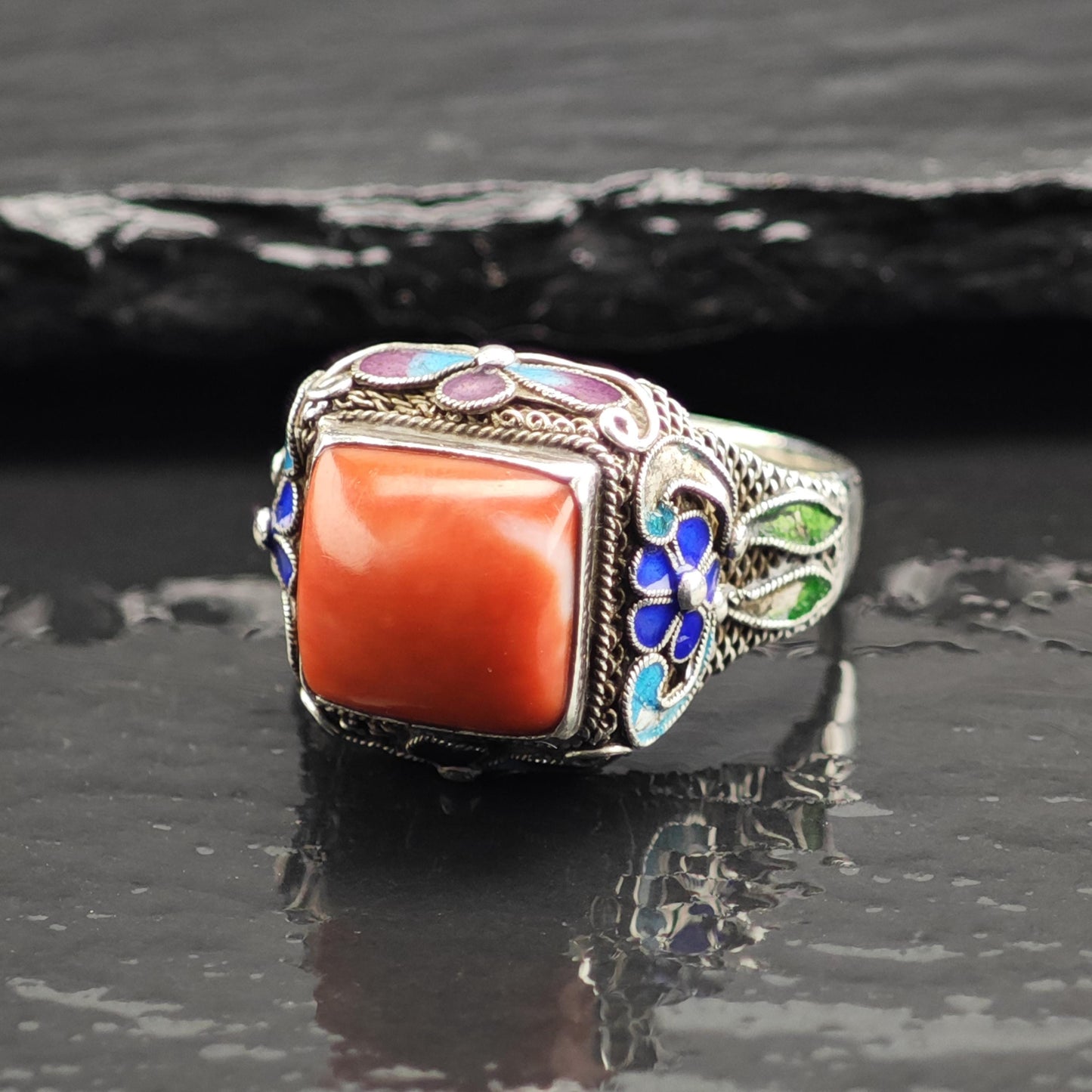 Chinese Export Enamel & Coral Sterling Silver Ring Sz 8 R6721