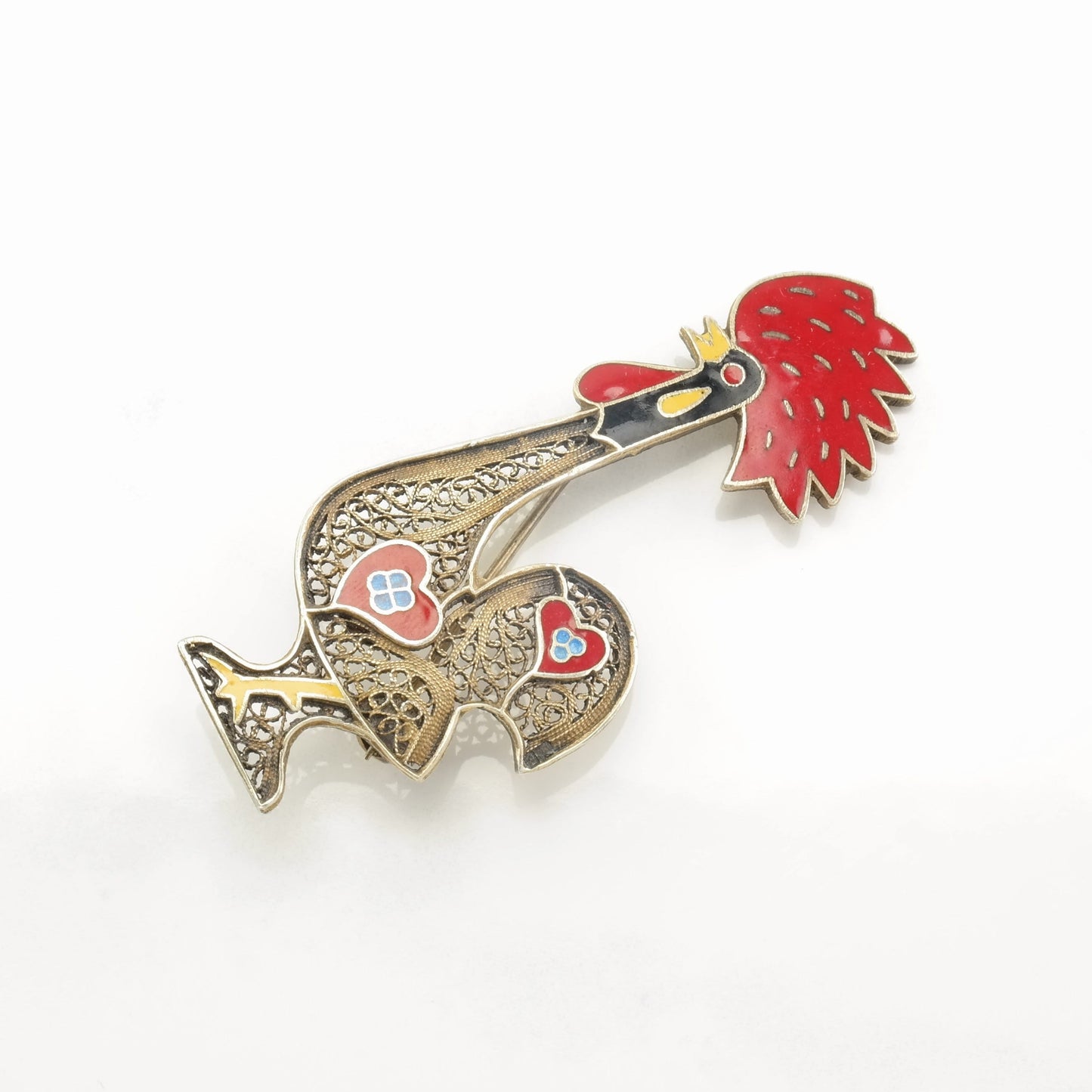 Topazio Sterling Silver Brooch Rooster, Filigree Enamel