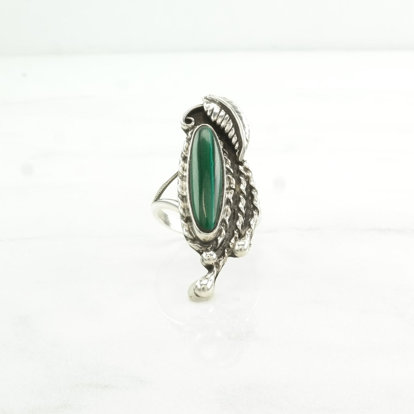 Southwest Silver Ring Malachite Leaf, Navette Sterling Green Size 6 3/4