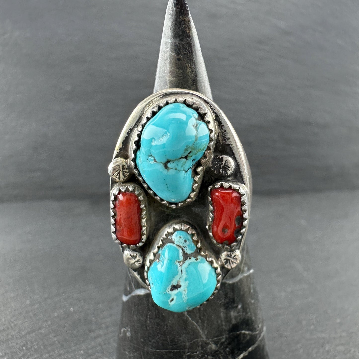 Native American, Coral, Turquoise Ring Sterling Silver
