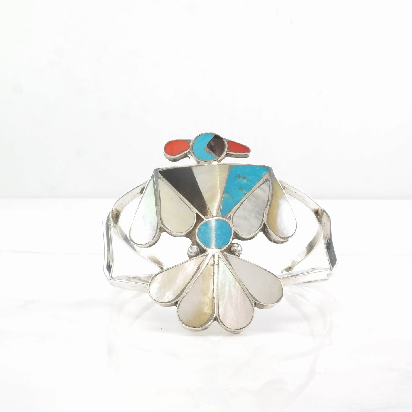 Native American Sterling Silver Cuff Bracelet MOP, Turquoise, Coral, Jet, Thunderbird