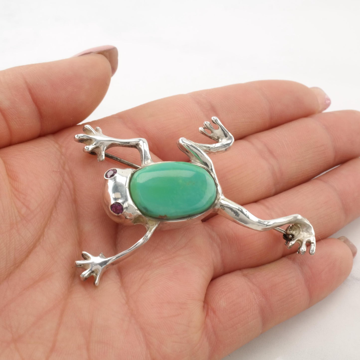 Vintage Southwest Drozd Turquoise, Amethyst Sterling Silver Frog Brooch