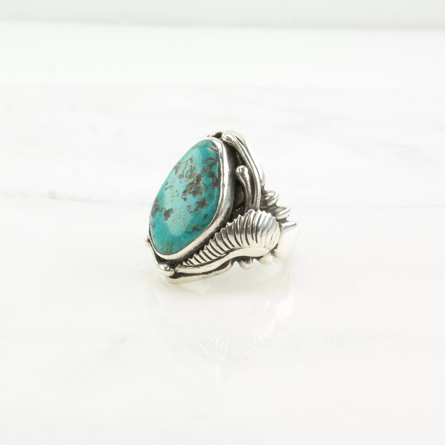 Navajo Silver Ring Turquoise Leaf Sterling Size 9