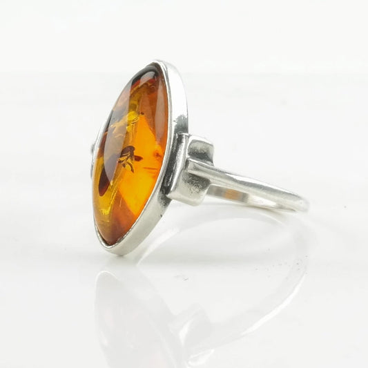 Navette Amber Silver Ring Sterling Orange