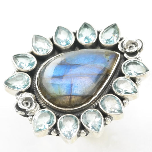 Vintage Large Topaz Labradorite Sterling Silver Ring Blue Rainbow Adjustable