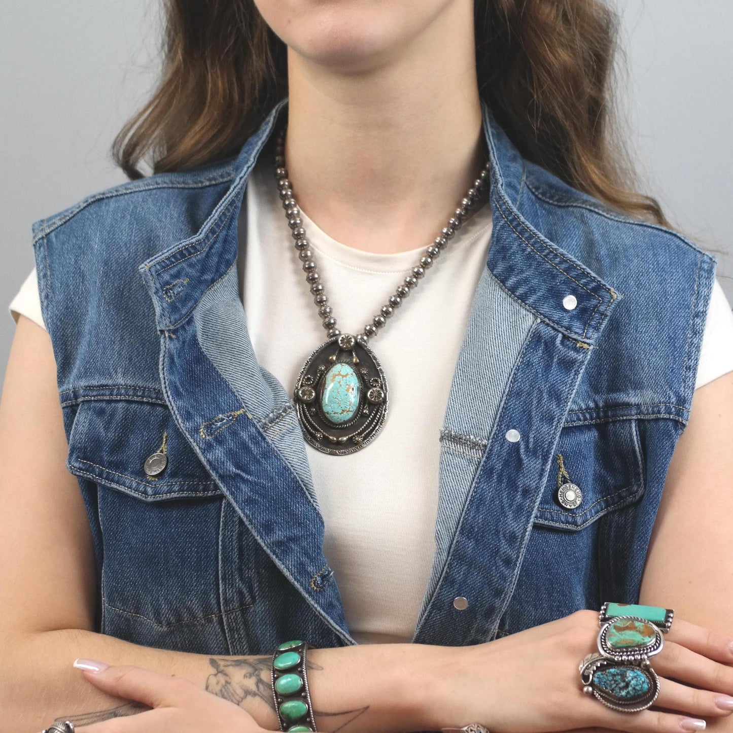 Native Sterling Silver Blue Number Eight Turquoise Floral Beaded Necklace N2212