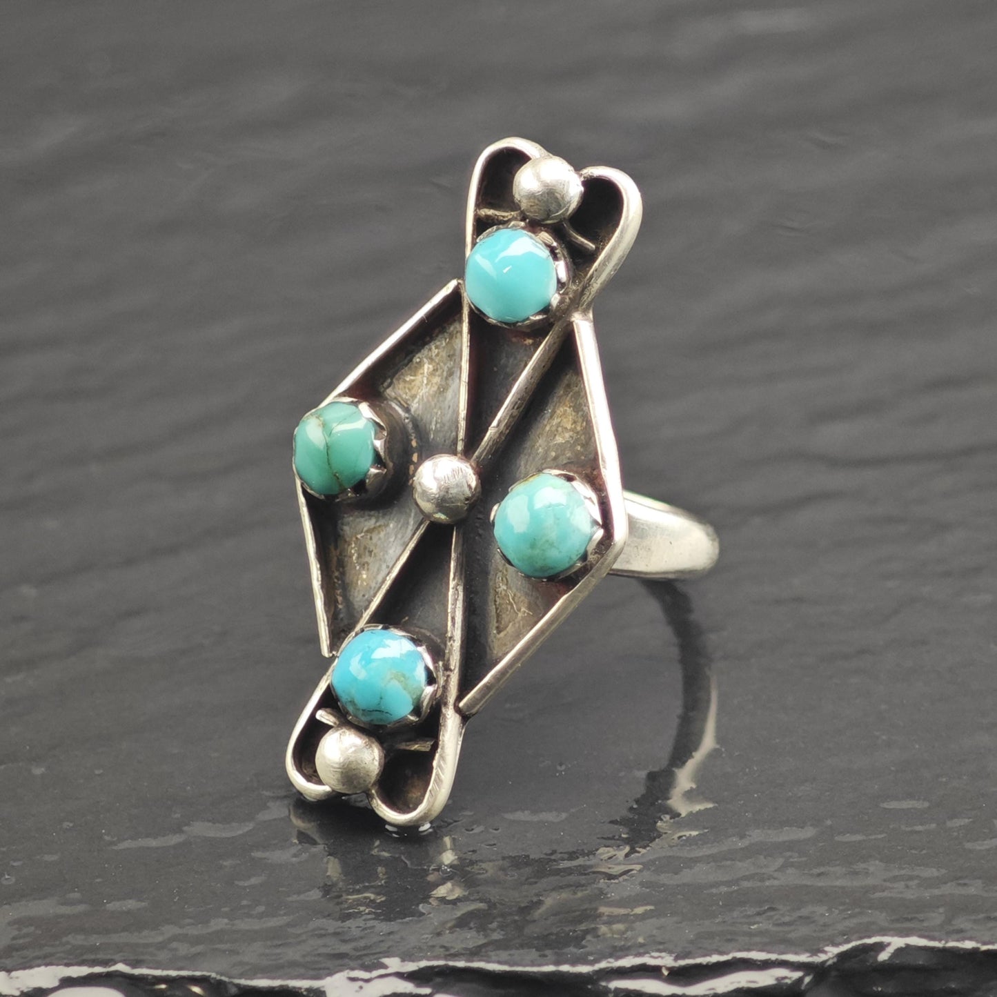 SW Turquoise Multistone & Silver Bead Sterling Silver Ring Sz 6 1/2 R6663