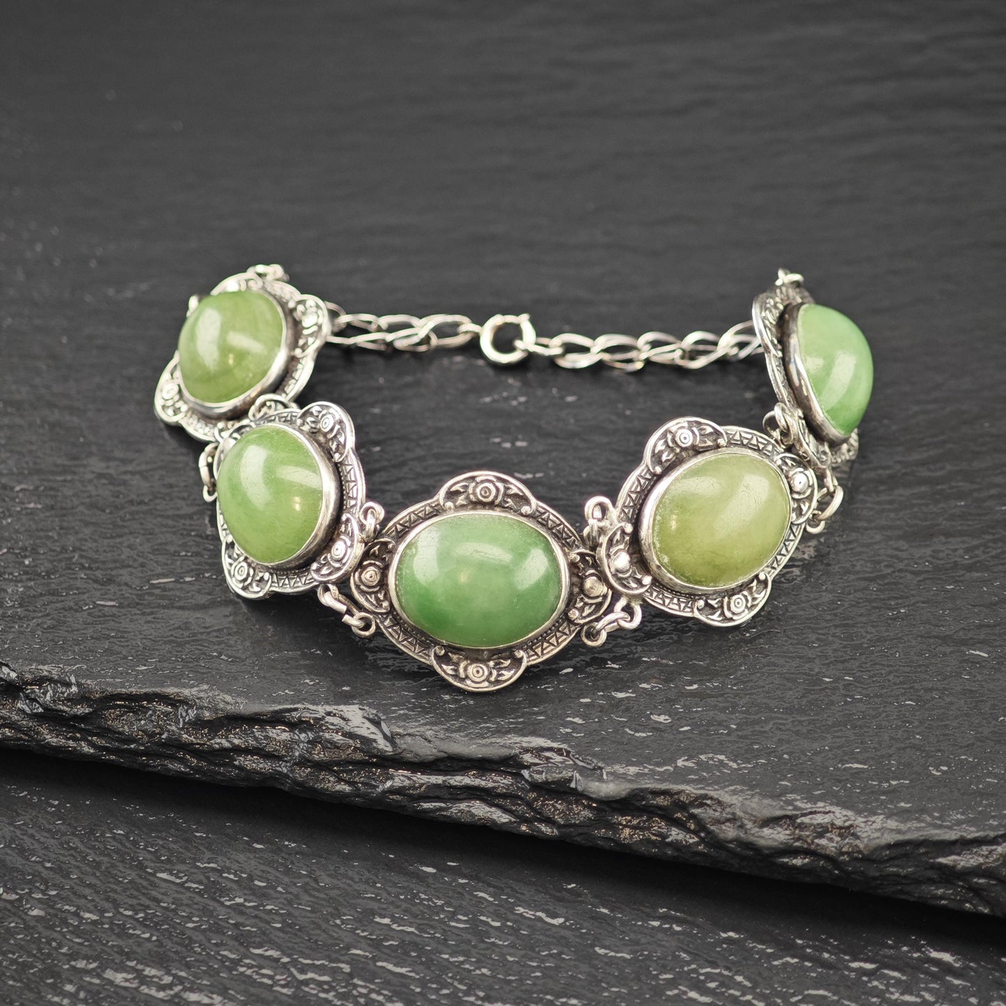 Antique Green Gemstone Cabochons Bracelet Sterling Silver Size 7 1/4"