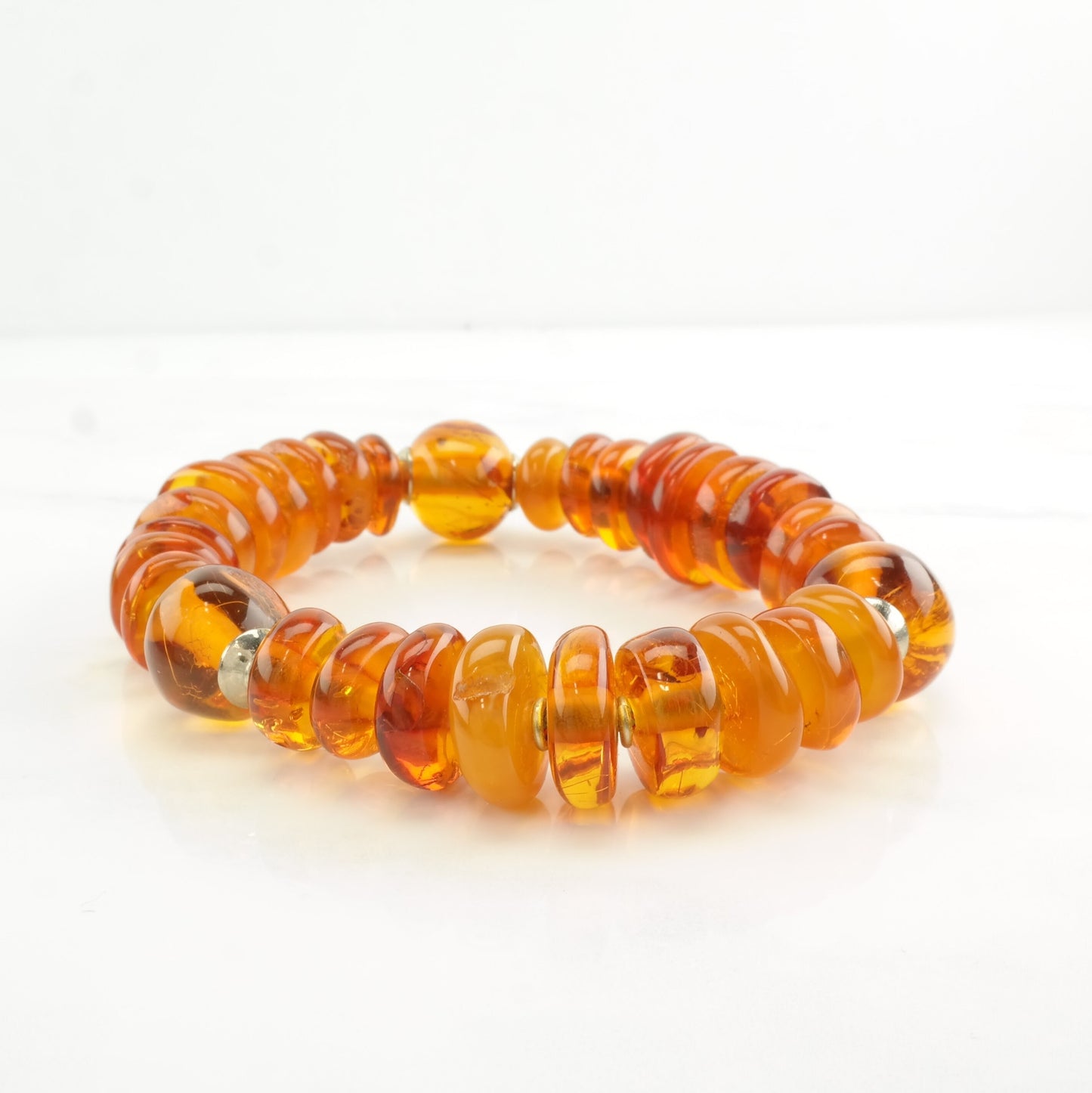 Natural Baltic Amber Bracelet Elastic, Sterling Silver Spacers