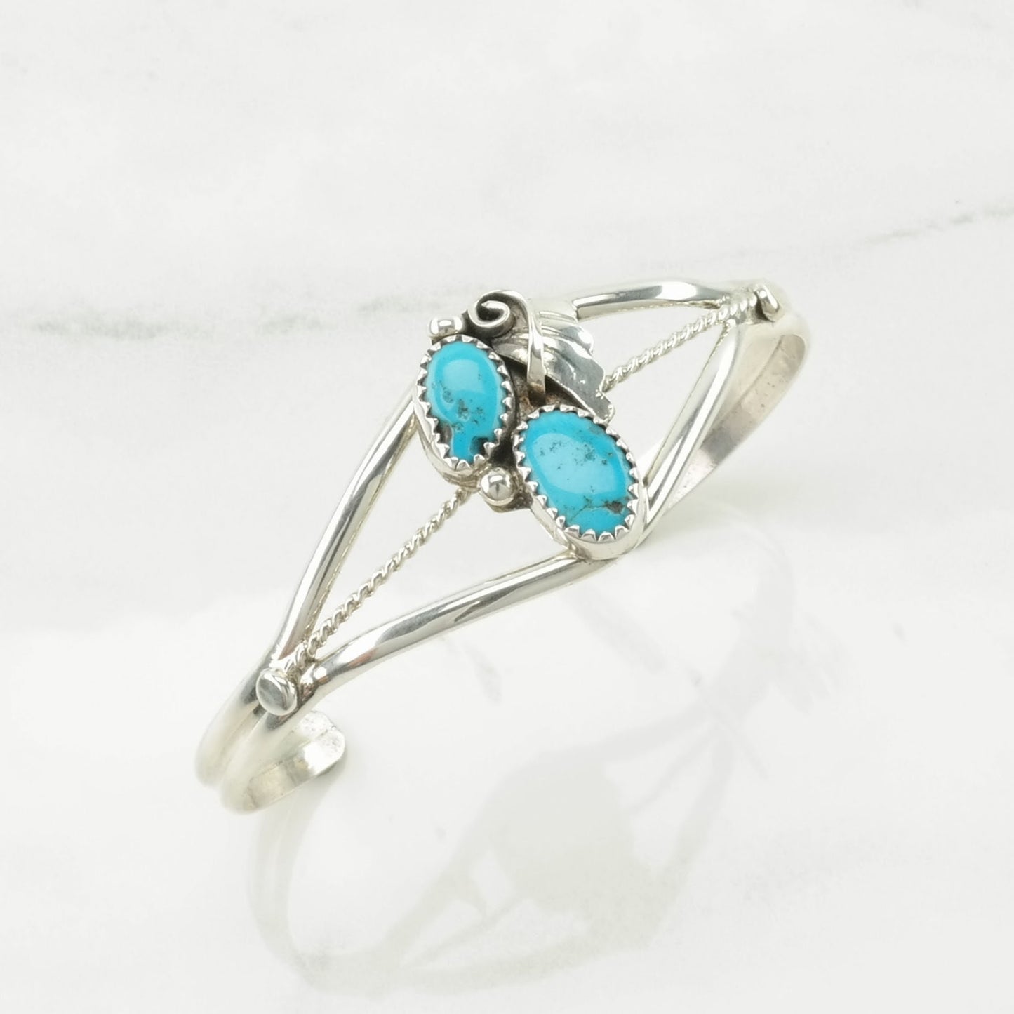 Native American Sterling Silver Cuff Bracelet Blue Turquoise Two Stone, Leaf