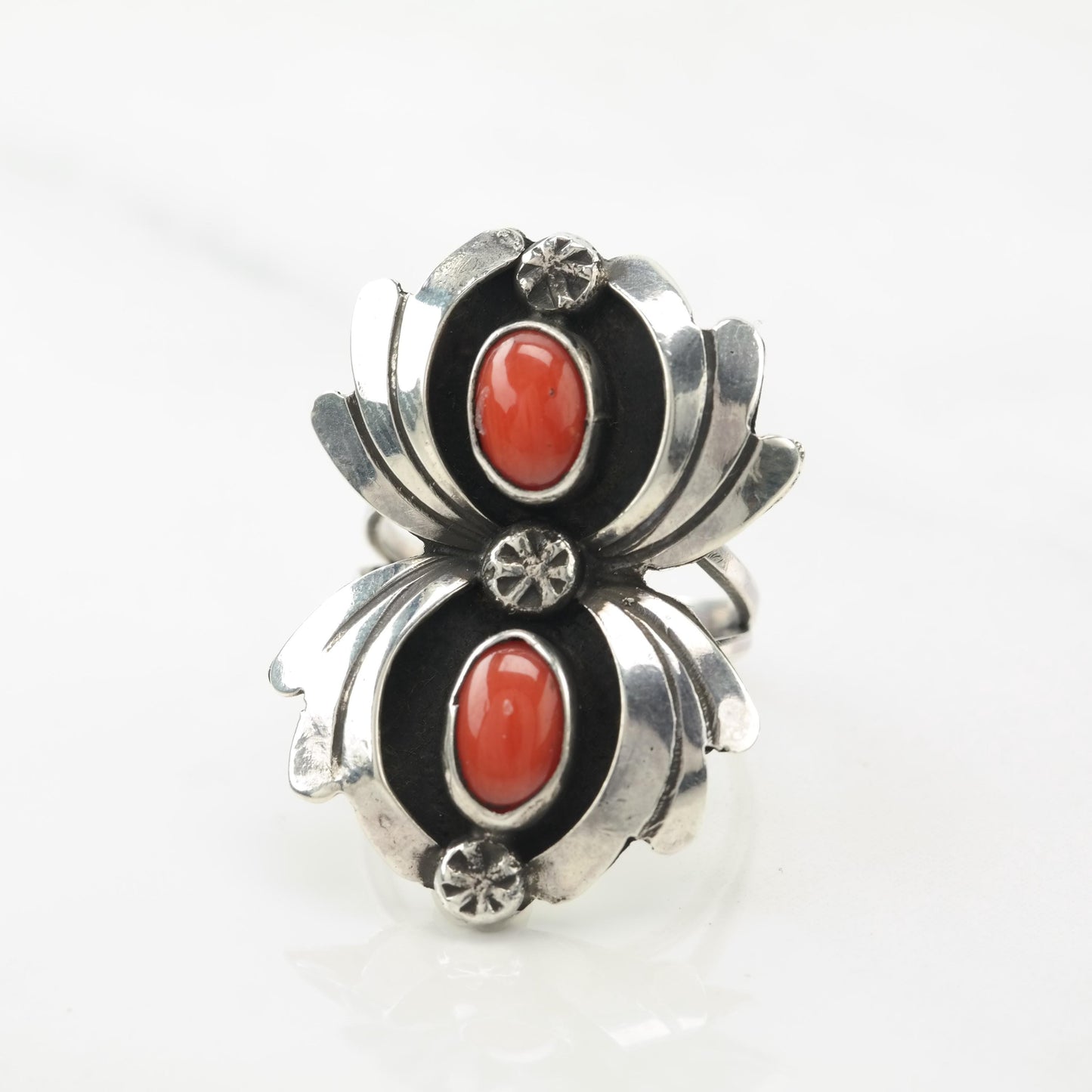 Native American Red Coral Shadow Box, Floral Sterling Silver Ring Size 4 3/4