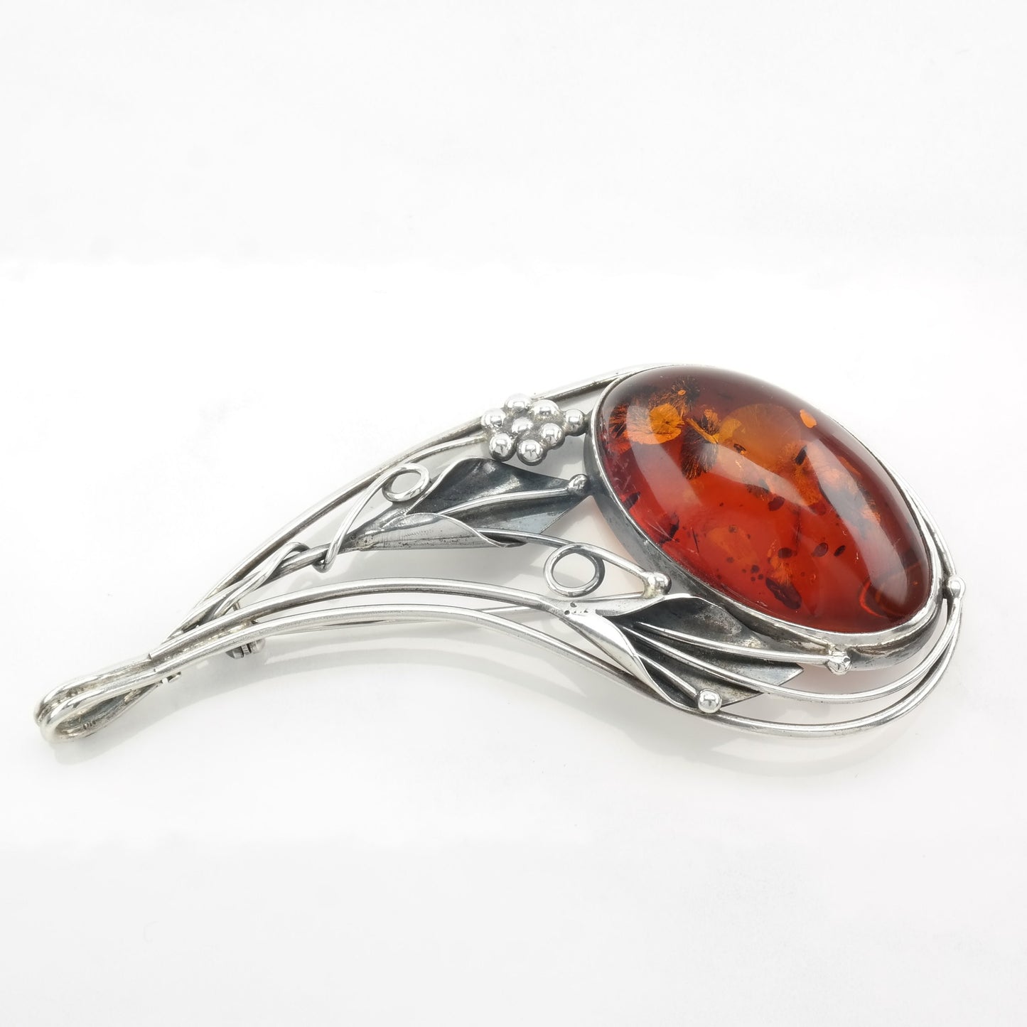 Silver Brooch Pendant Floral Baltic Amber Sterling