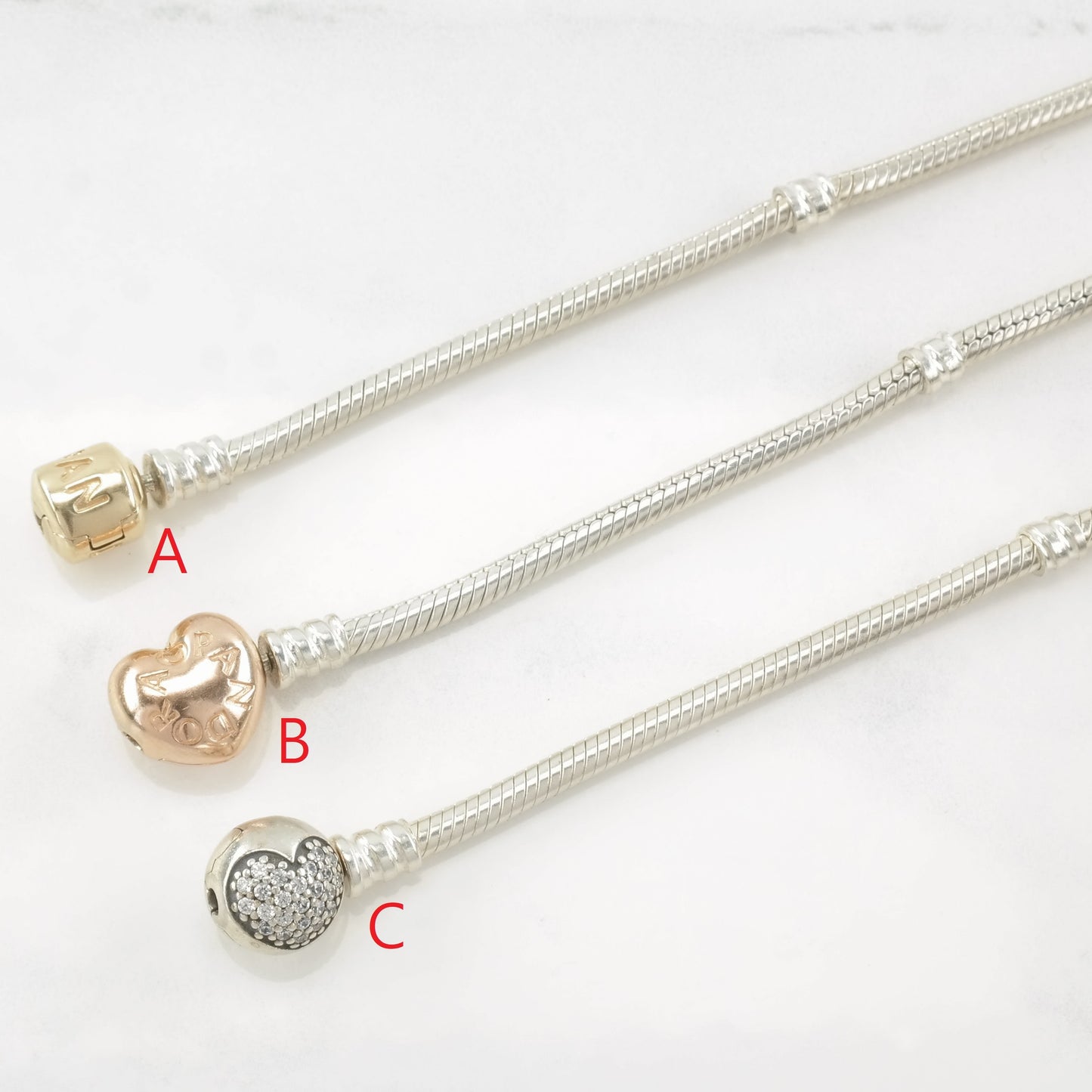 Choice of Pandora Bracelet Heart, Rose Gold Hue, Yellow Gold 14K Sterling Silver