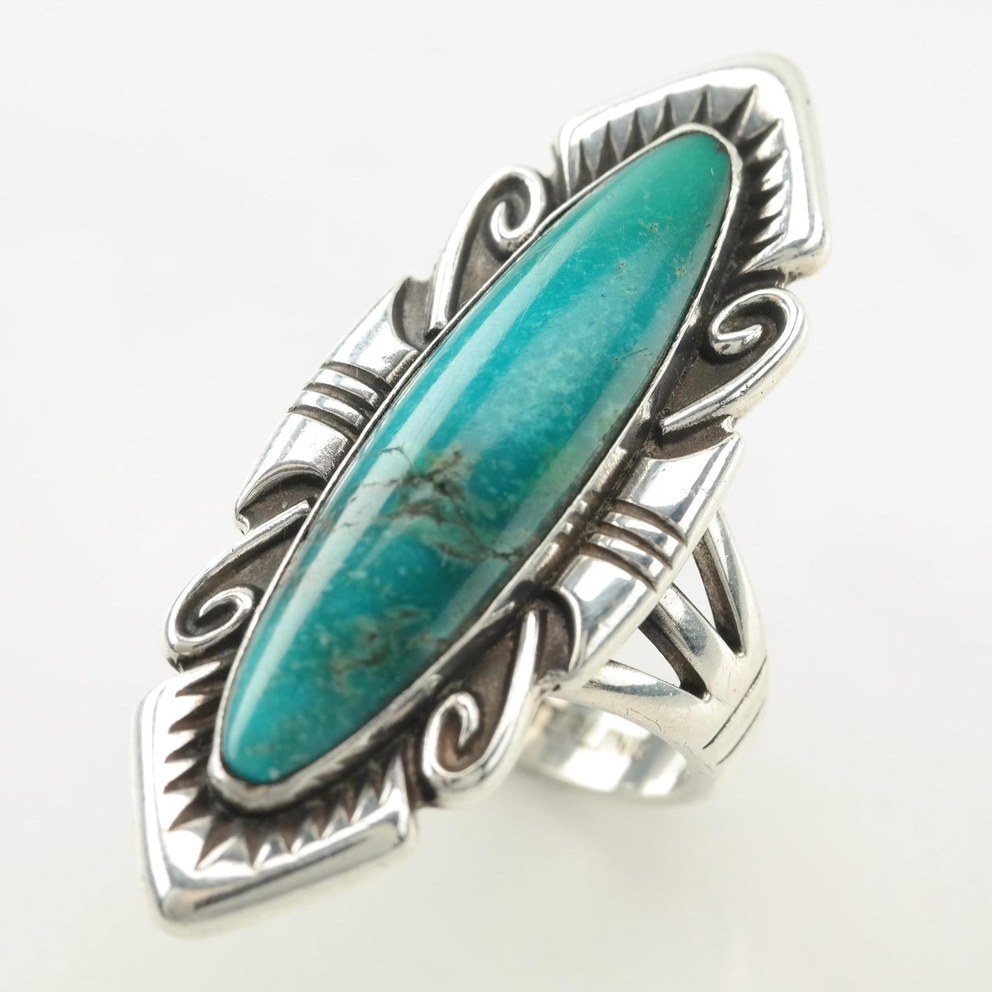 Long Navette Turquoise Sterling Silver Ring Size 6 1/2 Bell Trading Post