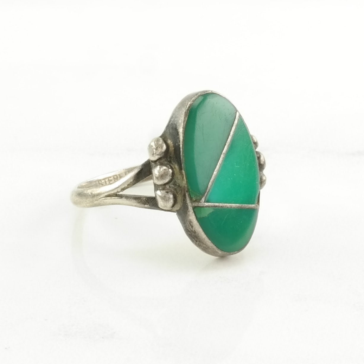 Historic, Native American Silver Ring Turquoise Inlay Sterling Green Size 5 3/4