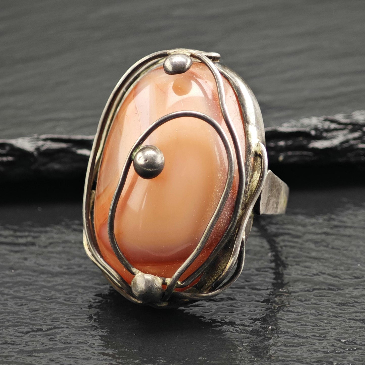 Large Handmade Pink Agate Wire Overlay Design Sterling Silver Ring Sz 8 R6634