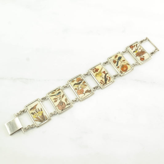 Sterling Silver Link Bracelet Hand Painted Birds, Resin