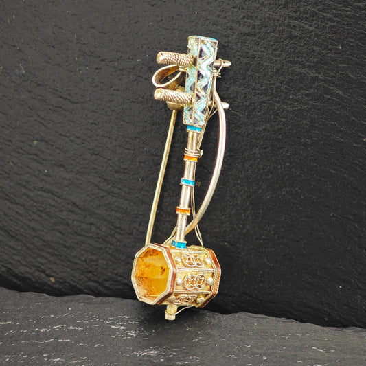 Chinese Export Erhu, Musical Instrument Enamel Brooch/Pendant Sterling Silver