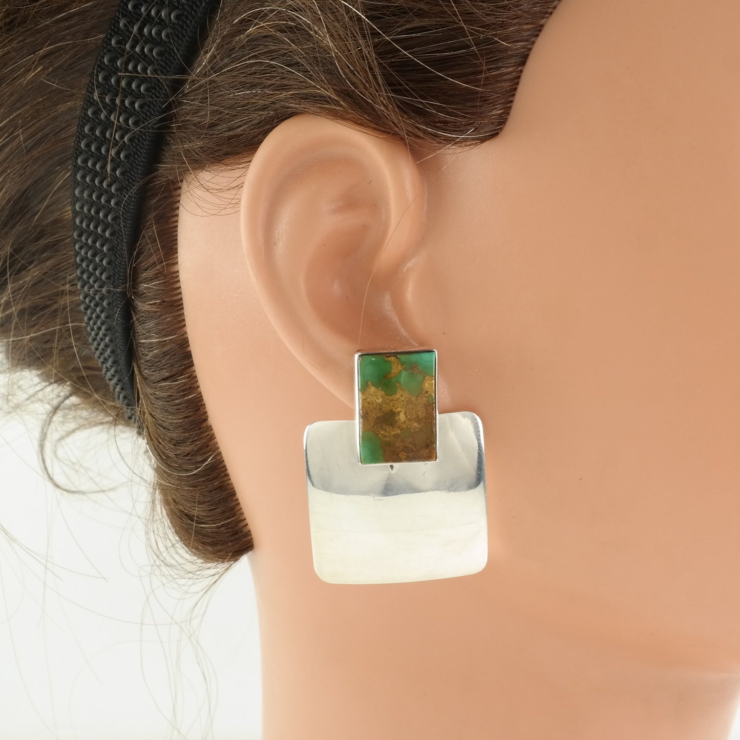 Vintage Sterling Silver Stud Earrings Green Royston, Turquoise Square