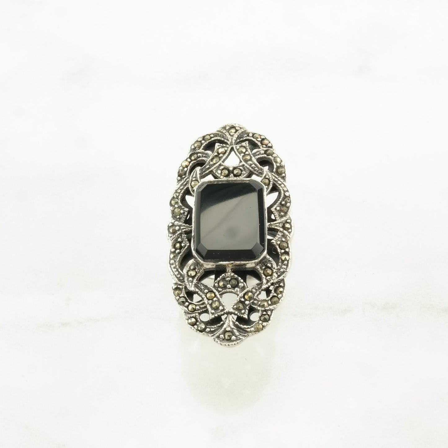 Art Deco Style Silver Ring Onyx, Marcasite Ornate Sterling Size 6 1/4