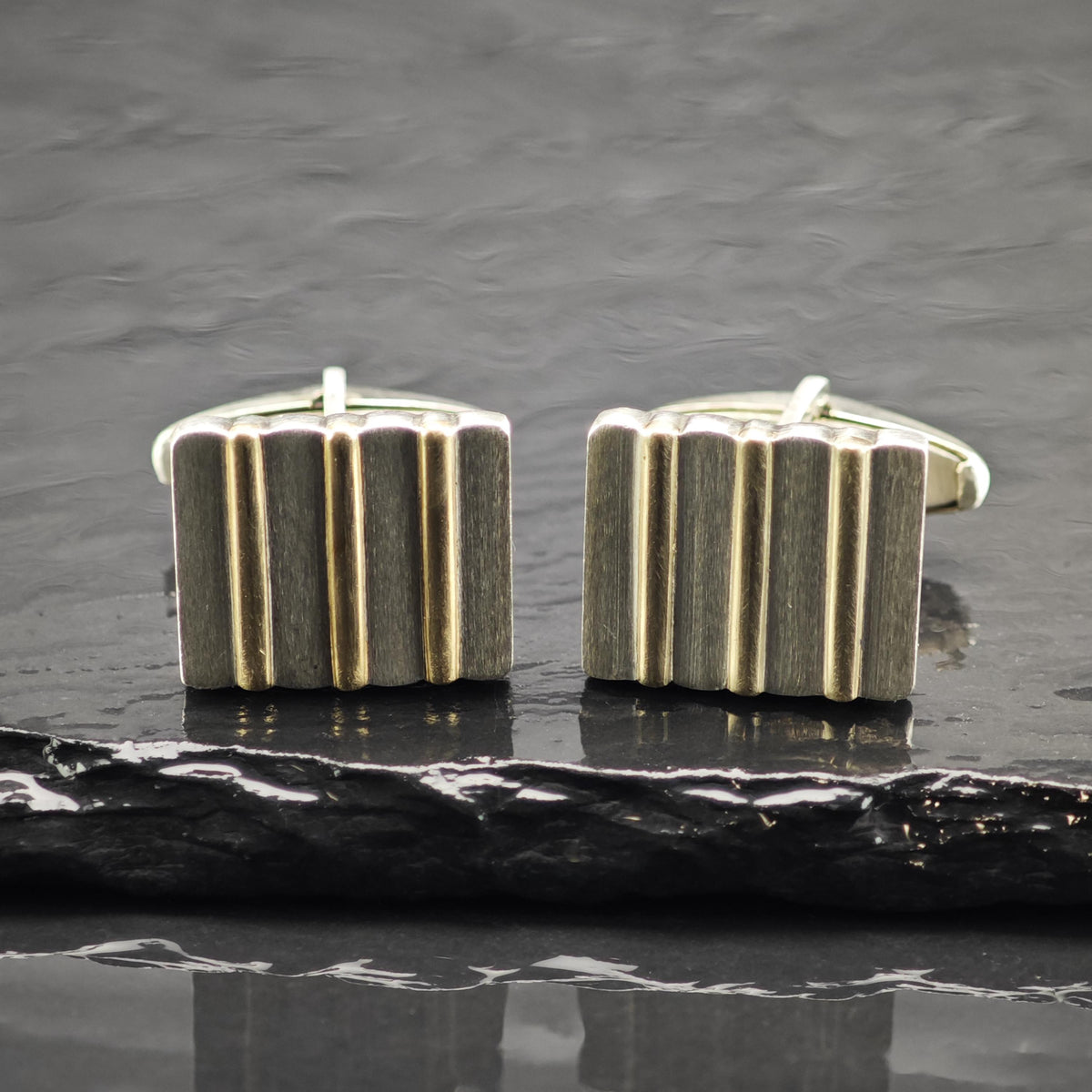 L&M Square 14K Gold Ribbed Accent Sterling Silver Cufflinks MISC0431